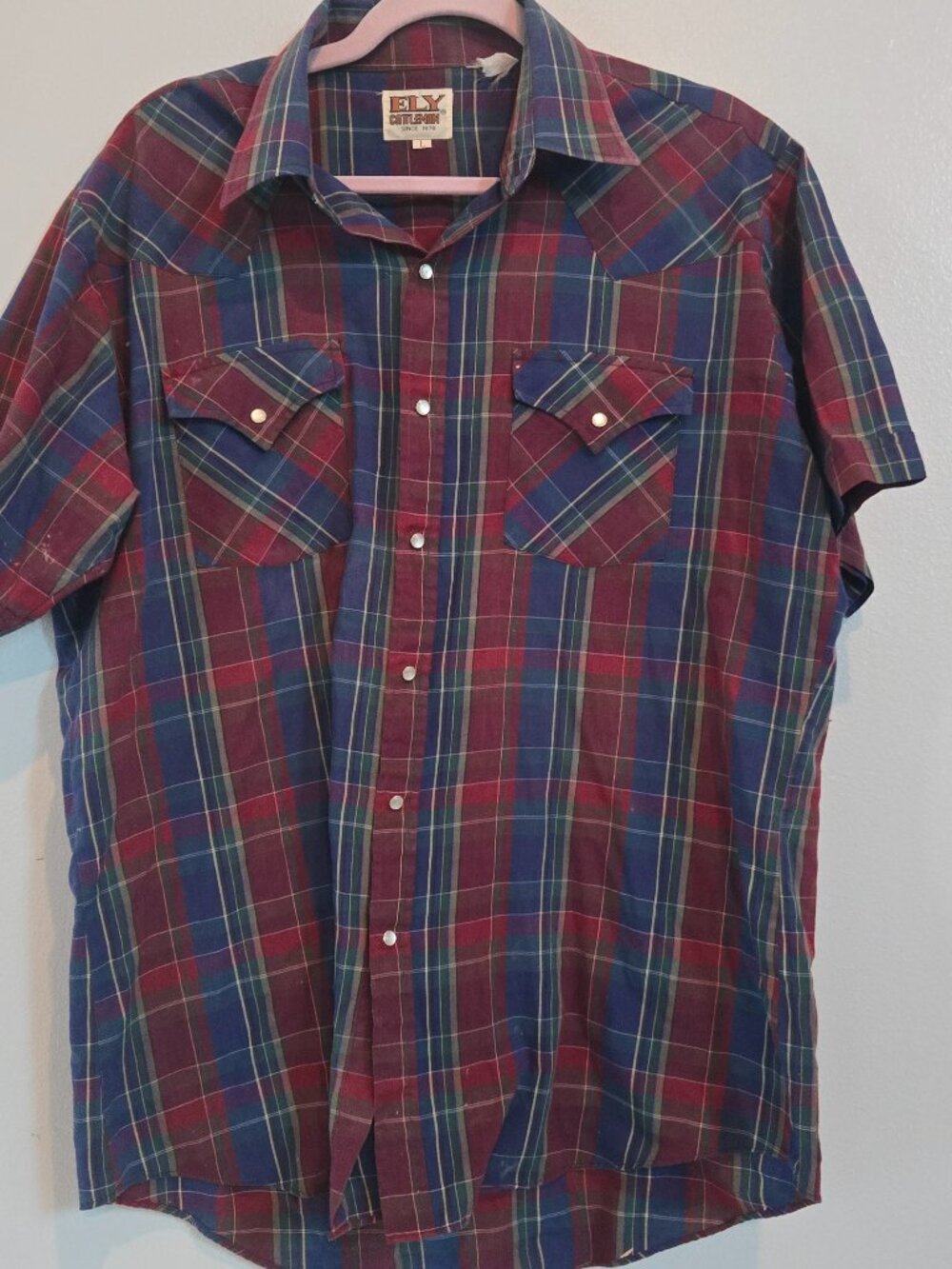VTG Mens Ely Cattleman Western Pearl Snap  Size L Short Sleeve Blue/red Plaid